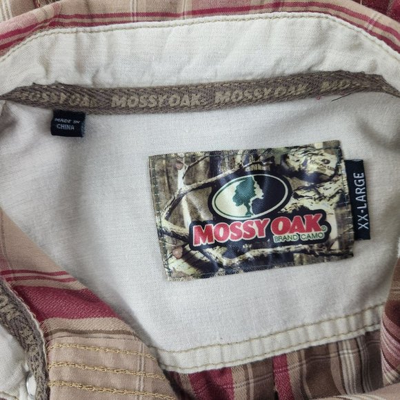 Mossy Oak Mens Western Shirt Pearl Snap Red Tan Plaid XXL Cotton Poly Button Up - Picture 5 of 6